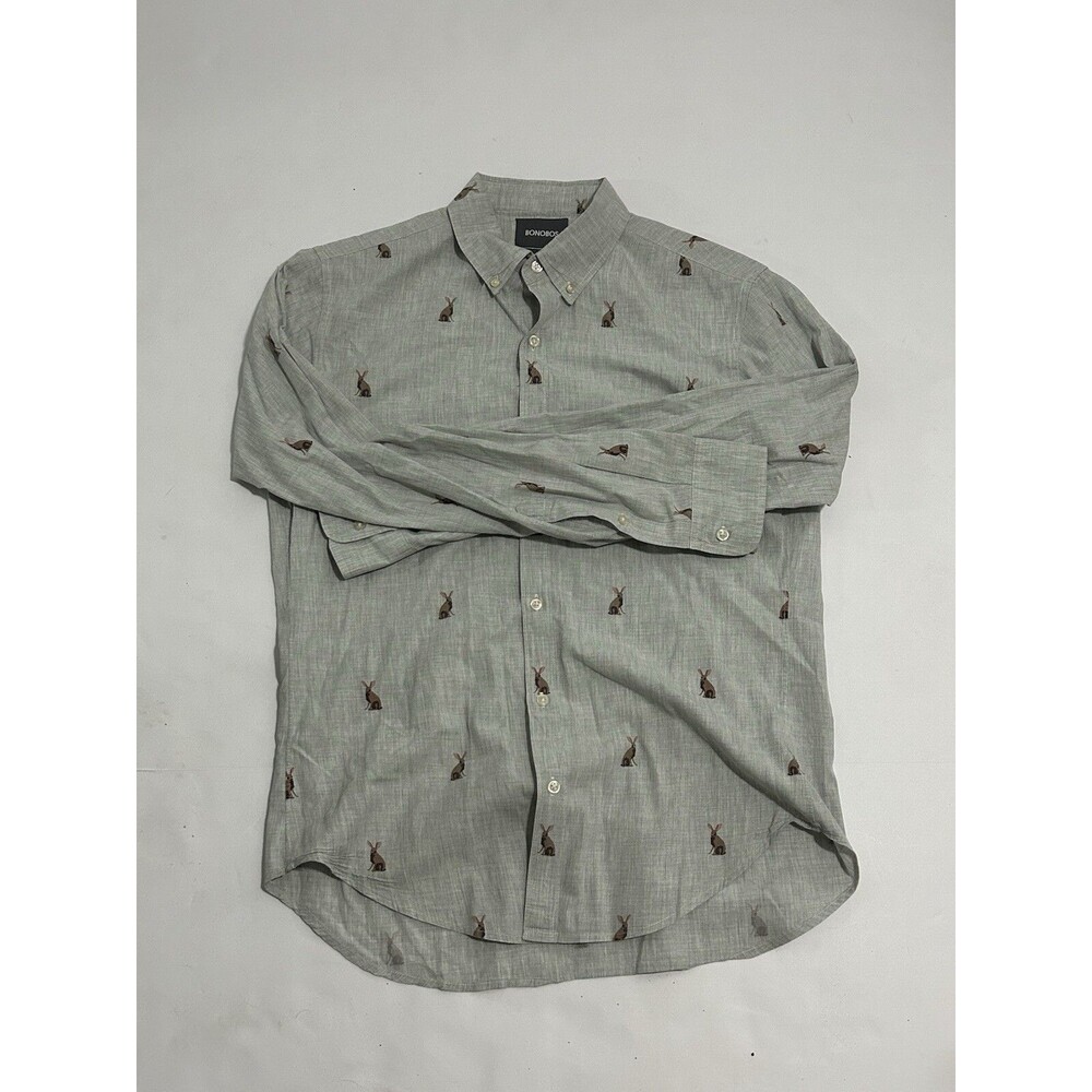 Bonobos Mens Gray All Over Bunny Print Long Sleeve Button Down Medium Slim Fit